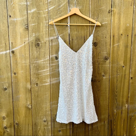 White Backless Sequin Mini Slip Dress 🌿 - Picture 3 of 11